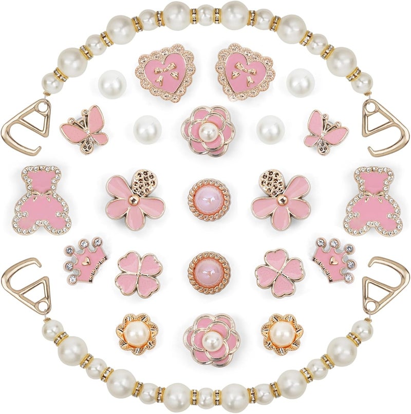 Lugailly Bling Shoe Charms for Girls and Women, Girly Gold Shoe Charms for Clog Sandals, 24 PCS Glitter Pearl Flower Shoes Decoration Bulk, Shoes Chains Pins Charm Accessories - Image 1